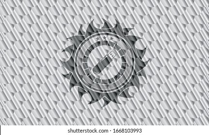 flash drive icon inside silver badge or emblem. Scales pattern. Vector Illustration. Detailed.
