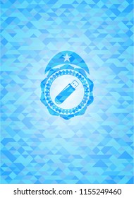 flash drive icon inside sky blue emblem. Mosaic background