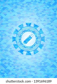 flash drive icon inside sky blue emblem with triangle mosaic background