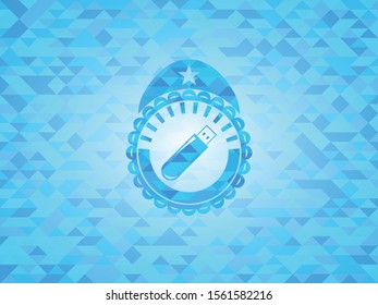 flash drive icon inside sky blue emblem. Mosaic background
