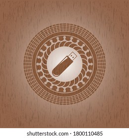 flash drive icon inside vintage wooden emblem. 