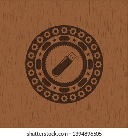 flash drive icon inside wood emblem. Vintage.