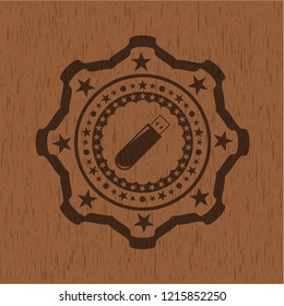 flash drive icon inside wooden emblem. Vintage.