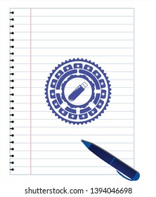 flash drive icon pen emblem. Blue ink. Vector Illustration. Detailed.