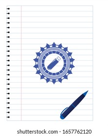 flash drive icon with pen strokes. Blue ink. Vector Illustration. Detailed.