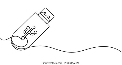 Flash drive line continuous drawing vector. One line  drive vector background.  drive linear icon. Continuous outline of a drive, Continuous line drawing USB icon vector,