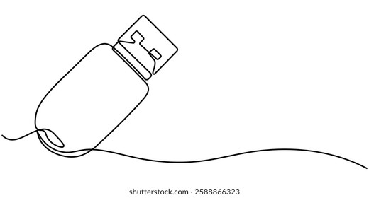 Flash drive line continuous drawing vector. One line  drive vector background.  drive linear icon. Continuous outline of a drive, Continuous line drawing USB icon vector,