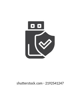 Icono vectorial de protección contra Flash Drive. signo plano relleno para concepto móvil y diseño web. Icono USB stick y protector de glifo. Símbolo, ilustración del logotipo. Gráficos vectoriales