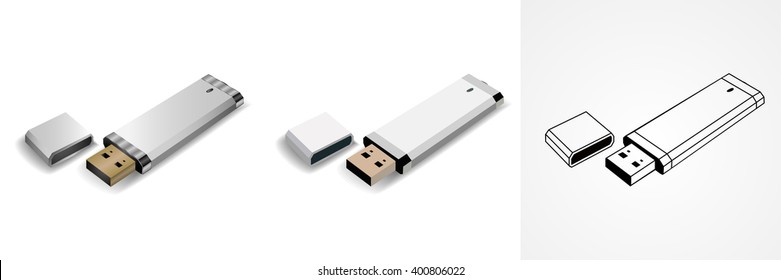 Flash drive sign icon set: realistic, flat, outline