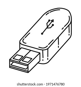 Flash Drive as Telecommunication Equipment Hand Drawn Icon Set Vector.