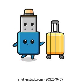 flash drive usb cartoon illustration with luggage on vacation , cute style design for t shirt, sticker, logo element