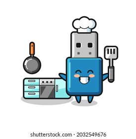 flash drive usb character illustration as a chef is cooking , cute style design for t shirt, sticker, logo element