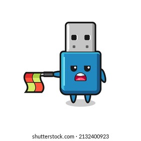 flash drive usb character as line judge hold the flag straight horizontally , cute style design for t shirt, sticker, logo element