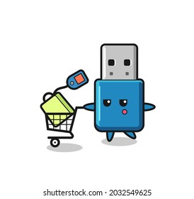 flash drive usb illustration cartoon with a shopping cart , cute style design for t shirt, sticker, logo element