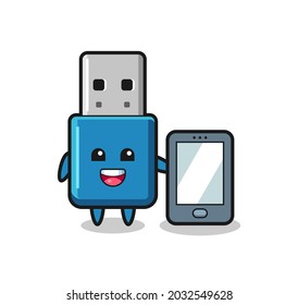 flash drive usb illustration cartoon holding a smartphone , cute style design for t shirt, sticker, logo element