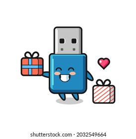 Flash Drive Usb Mascot Cartoon Giving The Gift , Cute Style Design For T Shirt, Sticker, Logo Element