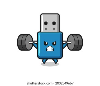 flash drive usb mascot cartoon with a barbell , cute style design for t shirt, sticker, logo element
