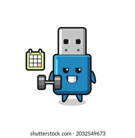 flash drive usb mascot cartoon doing fitness with dumbbell , cute style design for t shirt, sticker, logo element