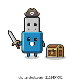 the flash drive usb pirate character holding sword beside a treasure box , cute style design for t shirt, sticker, logo element