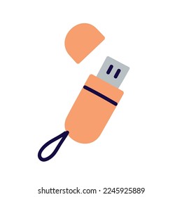 Flash drive, USB stick para el almacenamiento de datos. Unidad digital móvil, dispositivo externo con gigabyte de información. Icono de clave de seguridad electrónica ID. Ilustración vectorial plana aislada en fondo blanco