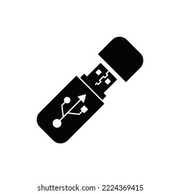 Flash drive, USB stick icon en glifo plano negro, estilo relleno aislado en fondo blanco