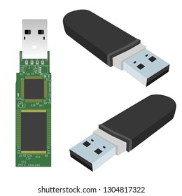 Flash drive. Vector flash drive at different angles. Isometric. Internal board flash drive.