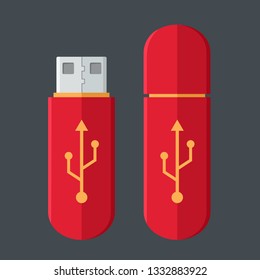 Flash drive. Vector tech icon USB flash drive. Flash stick red color  with a sign of connection. Illustration of USB flash drive clipart