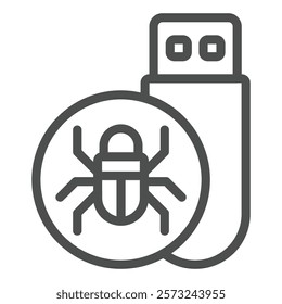 Flash drive with virus line icon, hacker attacks concept. Vector graphics. Hacker exploit, bug on pen drive sign on white background, outline style icon for mobile or web design