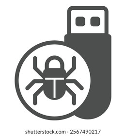 Flash drive with virus solid icon, hacker attacks concept. Vector graphics. Hacker exploit, bug on pen drive sign on white background, glyph style icon for mobile or web design