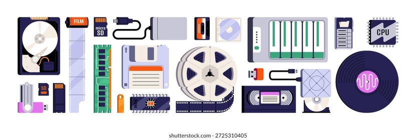 Flash drives and data storages set. Modern technology of digital memory to store information: USB, CD disk, video tape, audio cassette, vinyl. Flat isolated vector illustrations on white background