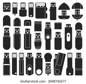 Flash drives isolated black set icon. Vector black set icon usb. Vector illustration flash drives on white background.