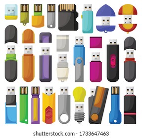 Flash drives isolated cartoon set icon. Vector cartoon set icon usb. Vector illustration flash drives on white background.