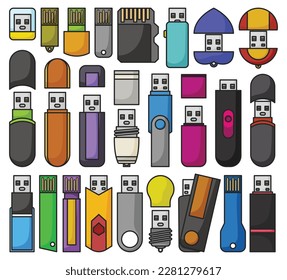 Icono de conjunto de colores aislado de Flash drives. Icono de conjunto de colores del vector usb. Unidades flash de ilustración vectorial en fondo blanco.