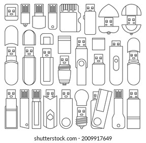 Icono de conjunto de esquema aislado de Flash drives. Icono de conjunto de contorno del vector usb. Unidades flash de ilustración vectorial en fondo blanco.