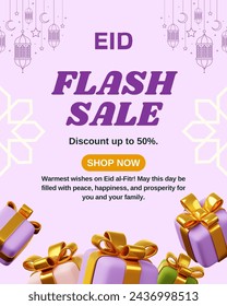 Flash Eid Sale Shopping Poster or banner with Flash icon and 3D text on purplebackground.Flash Sales banner template design for social media and website.Special Offer Flash Sale campaign or promotion.