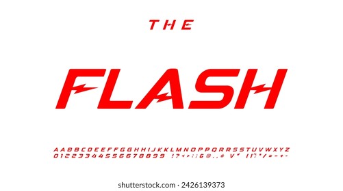 Flash energetisches Alphabet, energetische kraftvolle kursive Buchstaben, dynamische Schriftart für Elektro-Automobil-Logo, Superhelden-Comic-Überschrift, markante Rennschrift. Vektorsatz