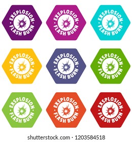 Flash explosion icons 9 set coloful isolated on white for web