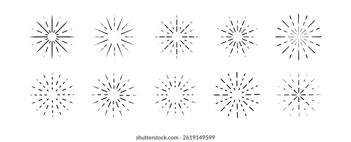 Flash, explosion or radiance effects. Spark, twinkle, halo or flare symbols. Fireworks or sunburst icons. Elegant decorative elements isolated on white background. Vector graphic illustration.