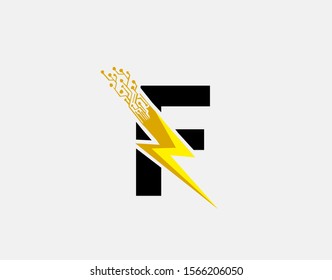 Flash F Letter Logo Icon, Electrical Bolt With Circuit Line Shape and Initial F Letter Logo Design.