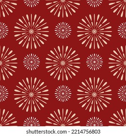 Flash fireworks on red background, vector illustration for textile and wrapping paper design