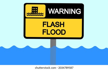 Flash Flood Warning Illustration Board In Yellow And Black, Warning Sign