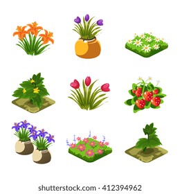 Flash Game Gardening Elements Set Of Cute Cartoon Stylized Vector Flat Drawings Isolated On White Background