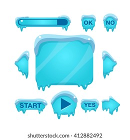 Flash Game Screen And Buttons Covered With Ice Flat Vector Graphic Design Image On White Background