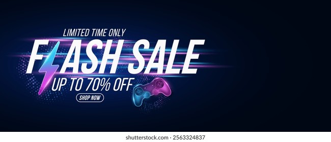 Flash gaming sale banner design. Shopping cover with flash icon and gamepad with abstract moving laser beams on dark background. Vector illustration. EPS 10