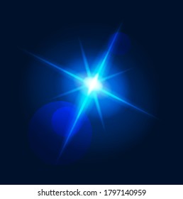 Rayos de lente luminosa brillante y rayas azules de neón estrella de ráfaga con un diseño de elemento de efecto óptico mágico vectorial transparente aislado, haz de explosión brillo clipart realista sobre fondo oscuro