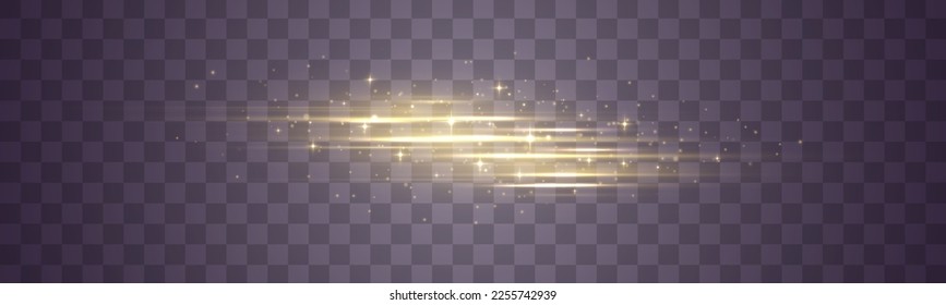 Flash gold line motion. Set of abstract lens flares. Laser sparkle beams, glowing speed rays, dust sparks light effect. Luminous sparkling lined. Yellow soft horizontal neon lines and lights. Vector	