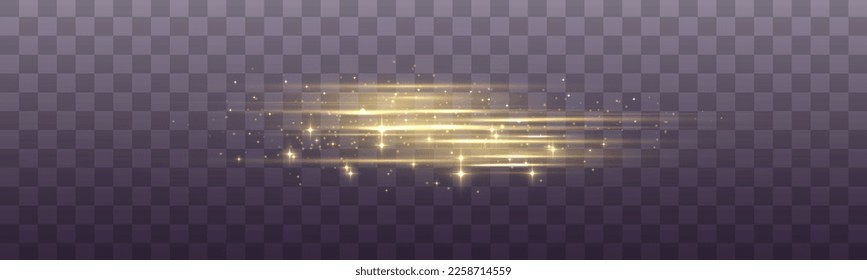 Flash gold line motion. Set of abstract lens flares. Laser sparkle beams, glowing speed rays, dust sparks light effect. Luminous sparkling lined. Yellow soft horizontal neon lines and lights. Vector	
