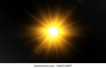 A flash of golden light, soft rays. Light yellow light blur effect. Bright light effect on a dark background with rays and highlights PNG. Vector.