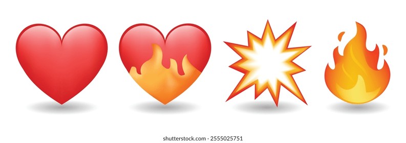 Flash, heart on fire and flame vector emoji illustration isolated on white background. 3d illustration