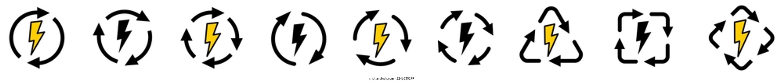 Icono de flash en las flechas formando ciclo, dos versiones de tres y cuatro flechas. Concepto de poder de recarga